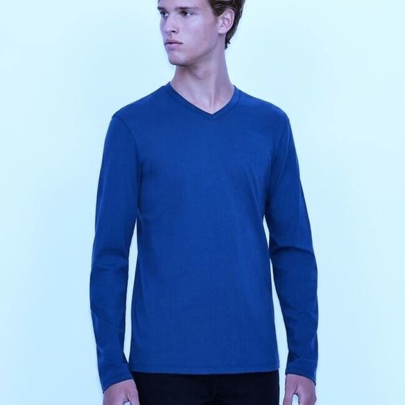 Armani‎ Exchange Men's Long Sleeve T-Shirt V-Neck Slim Fit Pima Cotton Blue S - Picture 1 of 6